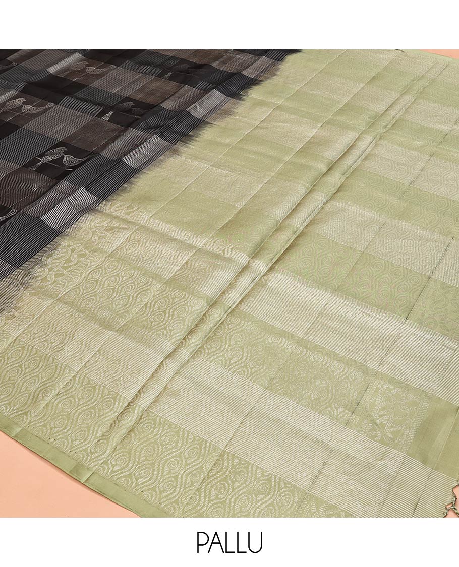 Borderless Black Mayuri Soft Silk Saree, Steeped in the Richness of Zari Checks all Over Its Body, Complemented by Contrast Intricately Designed Pallu and Paired with a Contrast Blouse