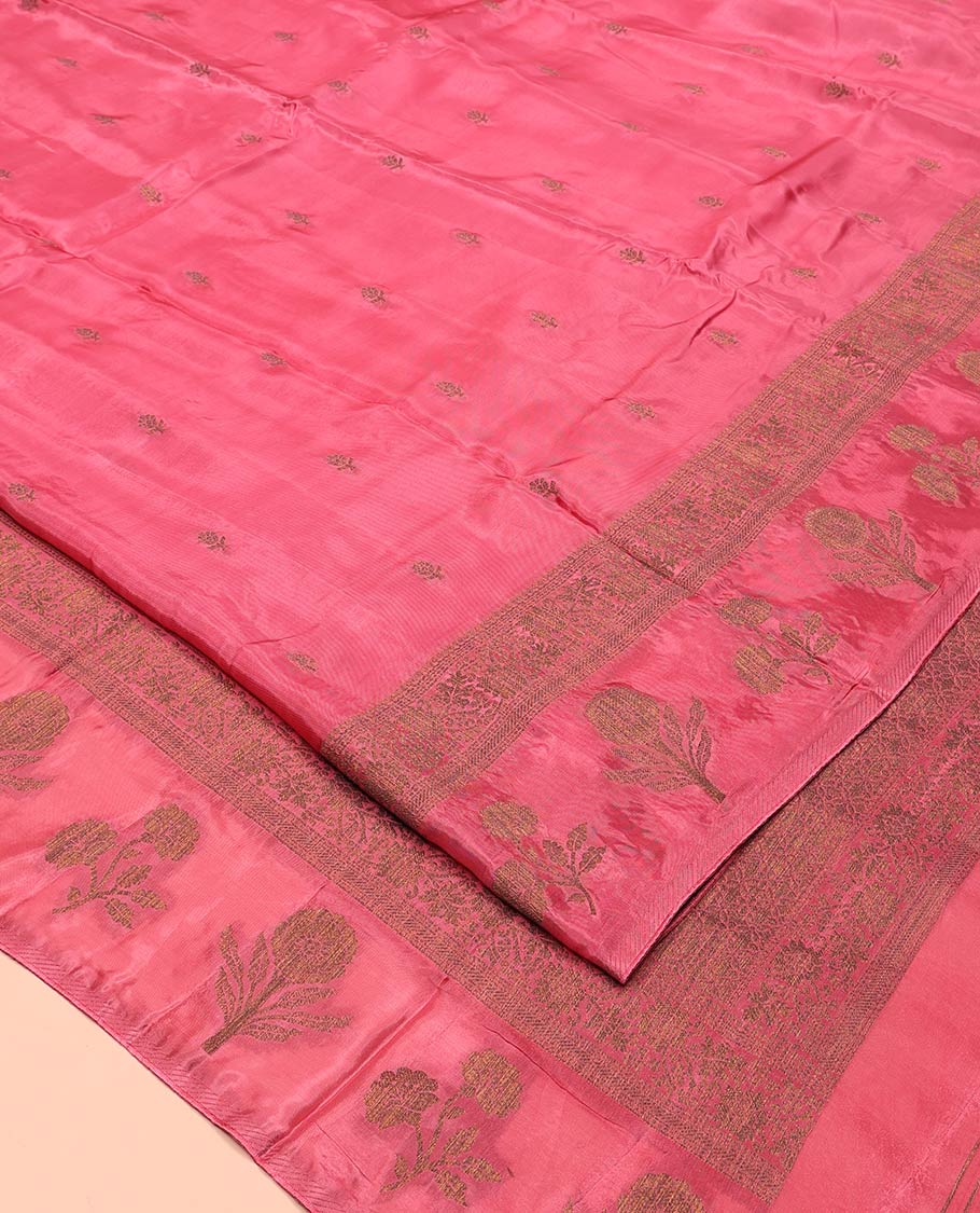 Onion Pink HO-Silk Saree, Elevated with Zari Buttas All Over Its Body, Highlighted by a Self-Border of Floral Designs, Pallu Features Floral Designs, and Paired with a Buttas-woven Blouse