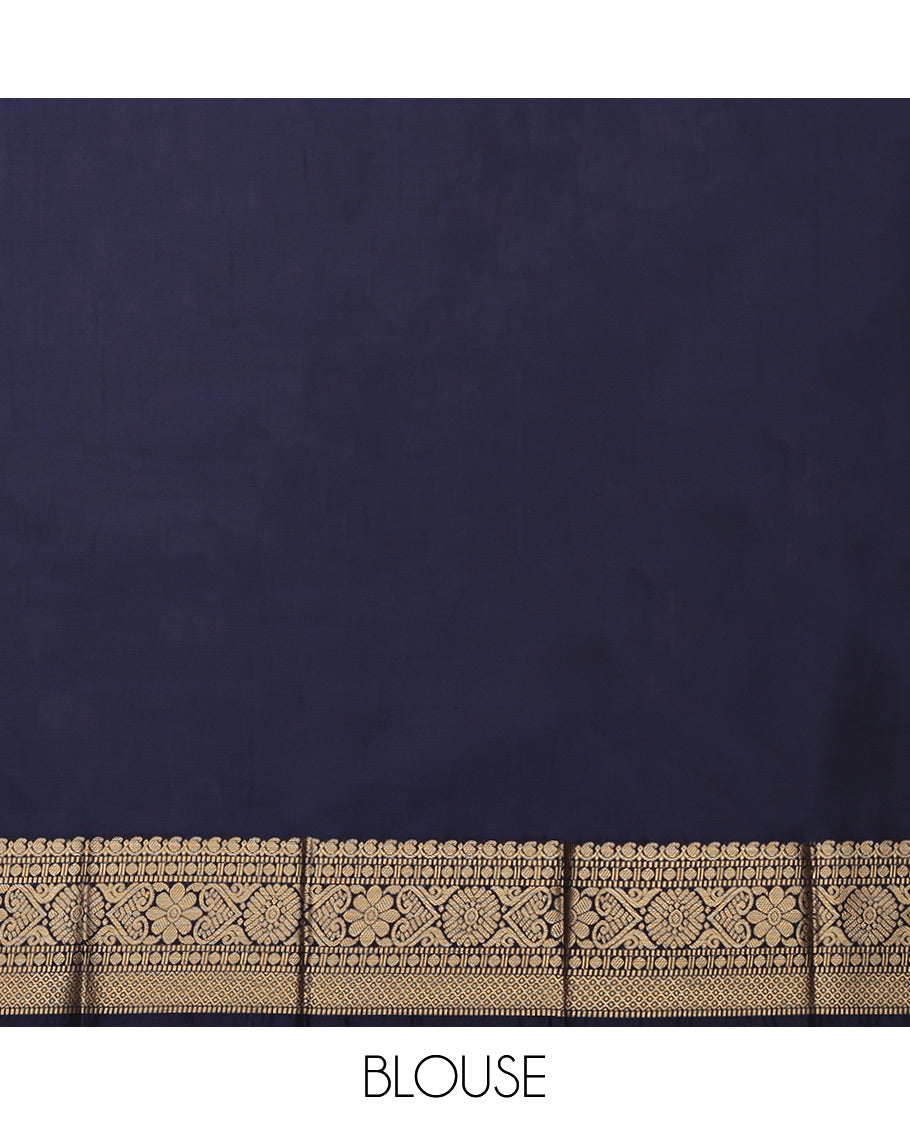 Navy Blue Budget Silk Saree, Embellished with Zari Buttas, Highlighted by a Traditional Zari Border, Intricate Pallu, and Matching Blouse