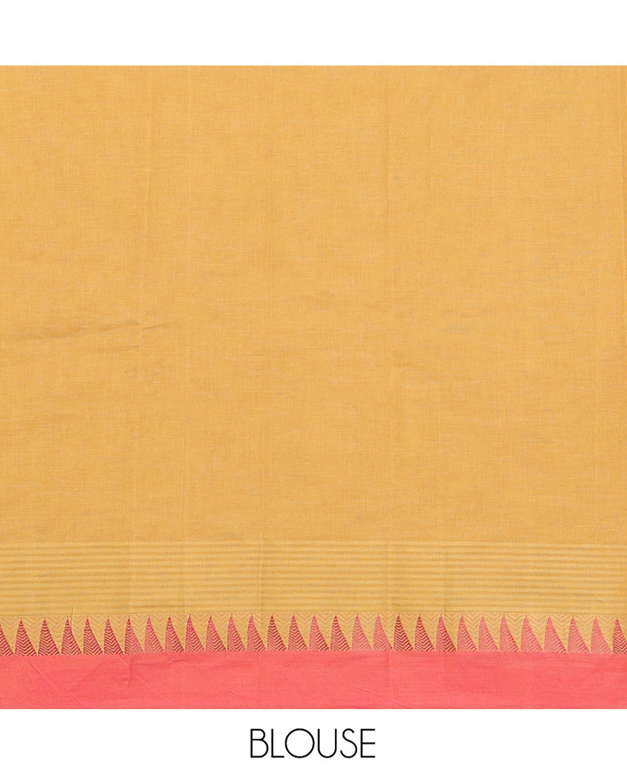 Mustard Kanchi Cotton Saree, Ornamented with Buttas All Over Its Body, Complemented by a Contrast Temple Border, Pallu of Floral Design, and Paired with a Matching Blouse