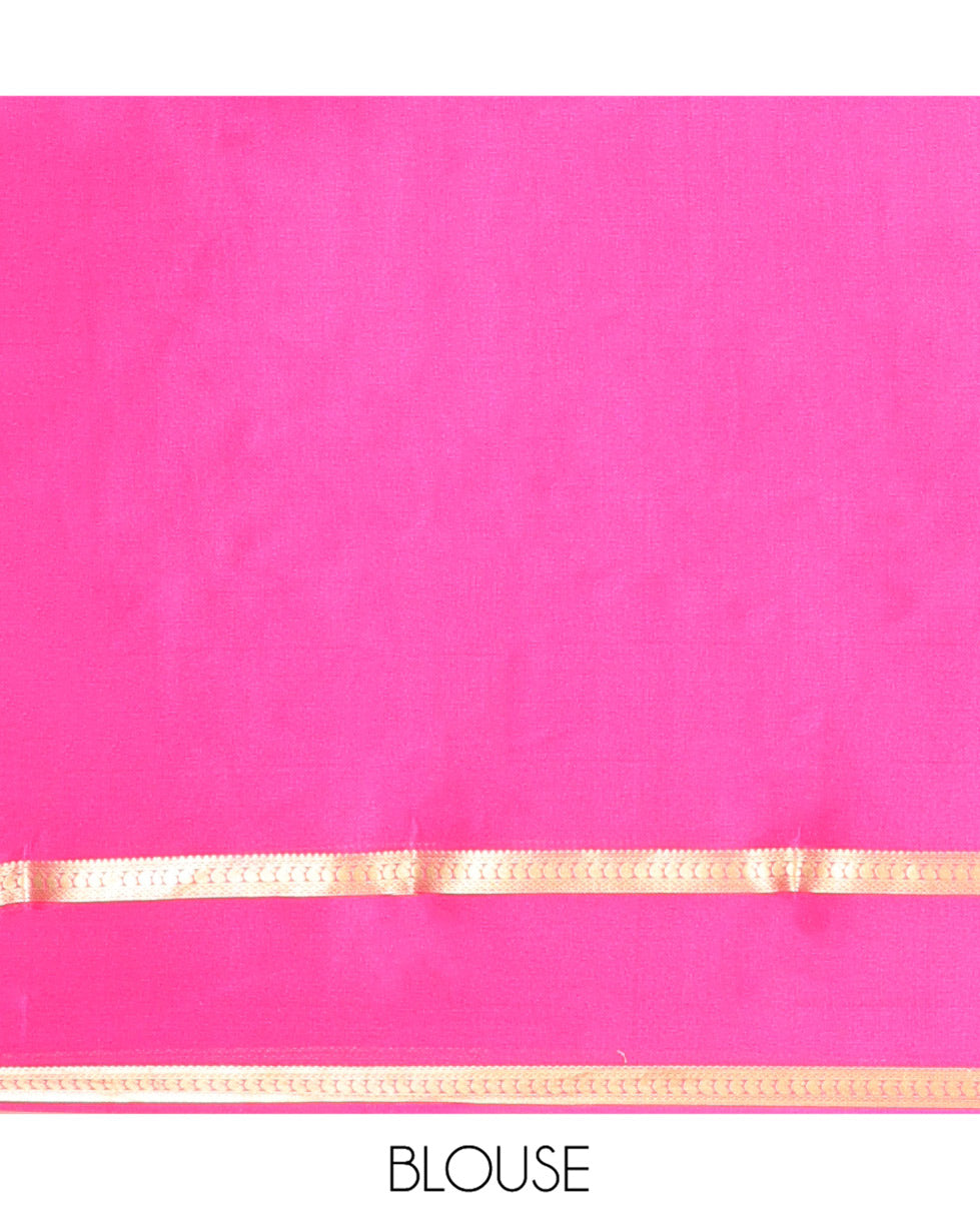 Orange Plain Mysore Silk Saree, a Contrast Traditional Zari Double-Pet Border, Zari Striped Pallu, and a Contrast Blouse