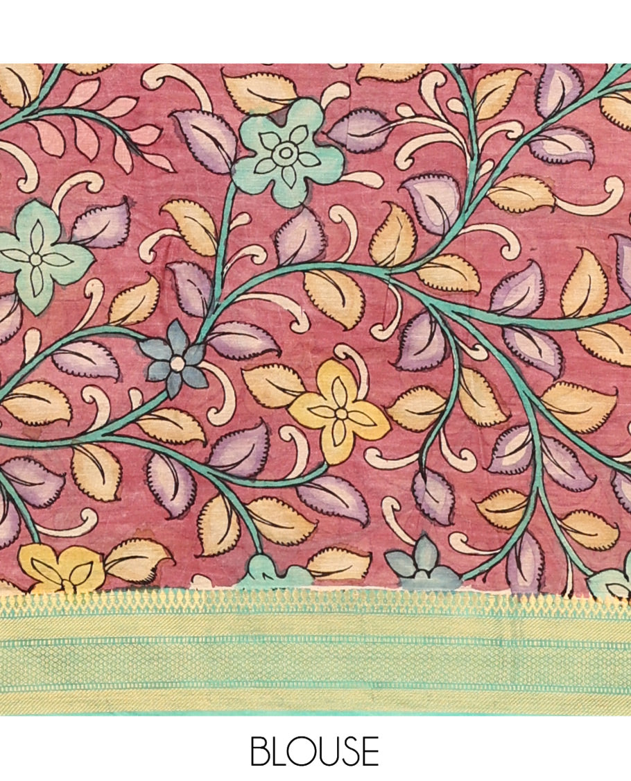 Purple Kalamkari Silk Saree, Finely Crafted with Human Figurines, a Contrast Traditional Zari Border, Pallu of Kalamkari Design, and a Contrast Blouse