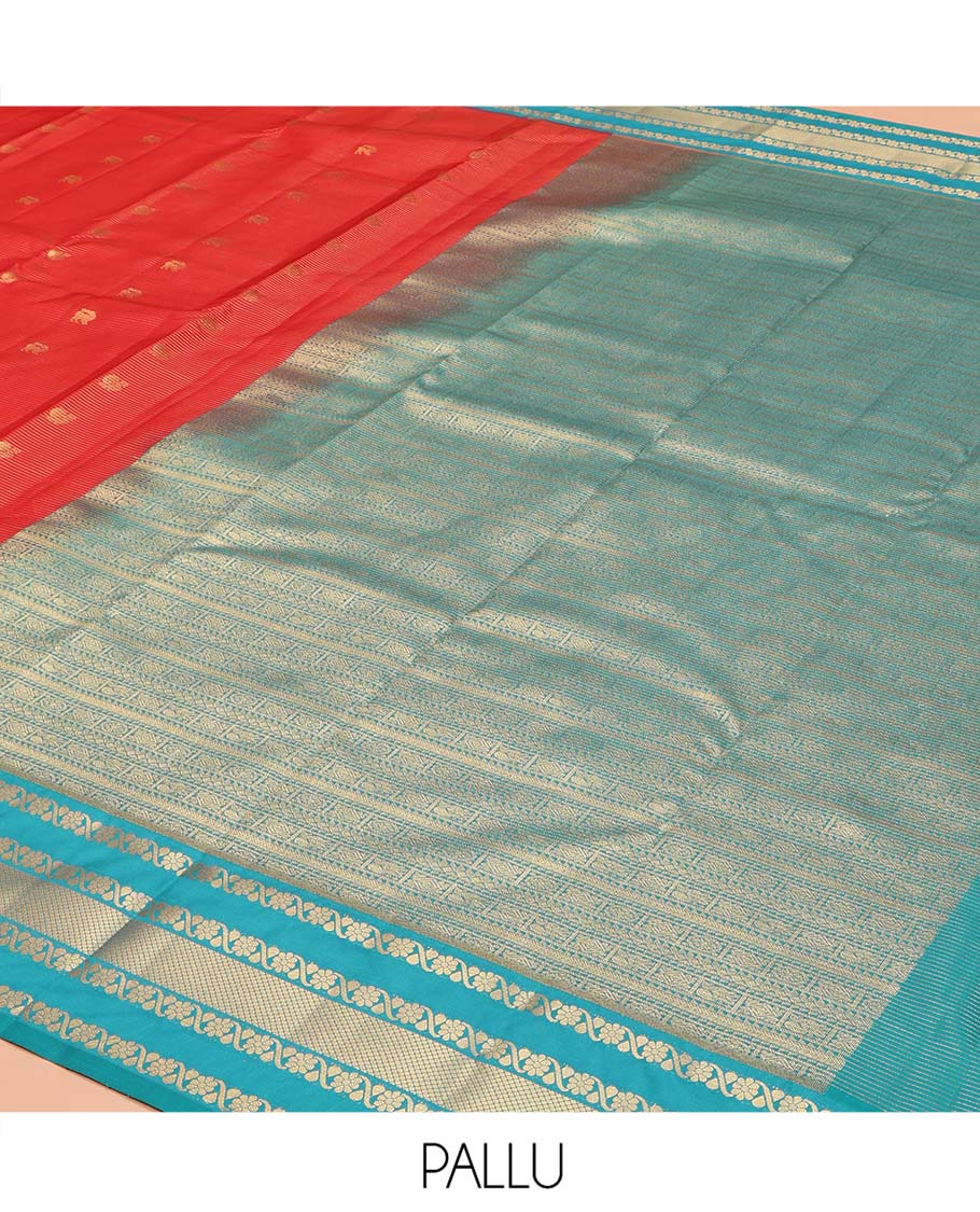 Red Vasundhara Lite Silk Mix Saree, Enthralled with Yaali-Mayil Buttas and Stripes on Its Body, Complemented by a Contrast Border of Kodi Visiry and Mayil Kann Designs, Grand Pallu, and Paired with a Contrast Blouse