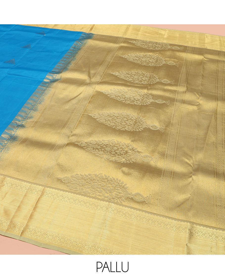 Blue Vasundhara Silk Saree, Decked Up with Zari Buttas All Over Its Body, Complemented by Contrast Border of Traditional Designs, Pallu of Floral Designs, and Paired with a Contrast Blouse