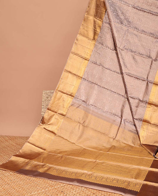 Brown floral jacquard tissue saree with contrast zari design border & floral zari design pallu