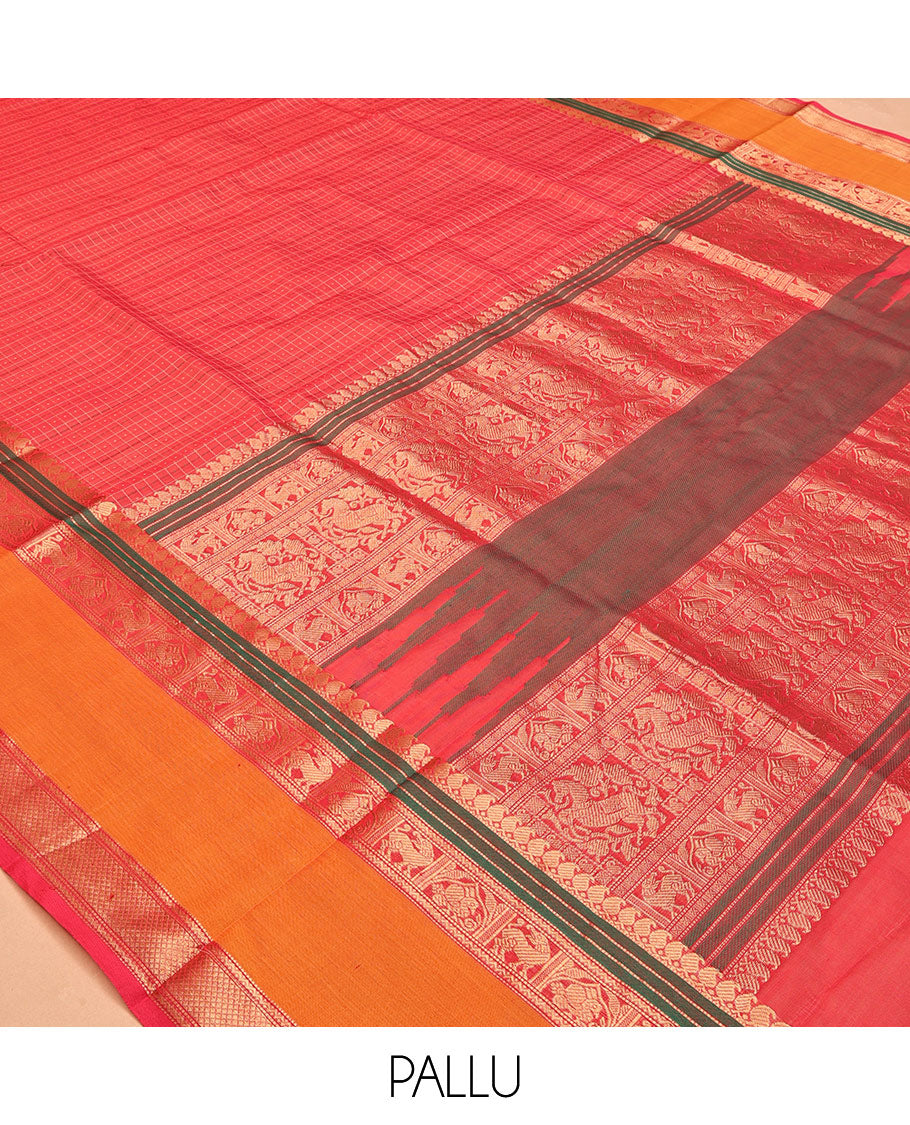 Red Buttas-Checked Kuppadam Silk Saree, a Contrast Double-Pet Peacock-Yazhi Border, Grand Pallu, Matching Blouse