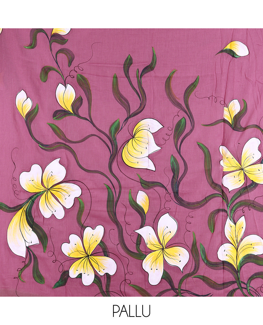 Borderless Onion Pink Khadi Mul Cotton Saree Features Floral Hand-Brush Painting, and a Matching Blouse