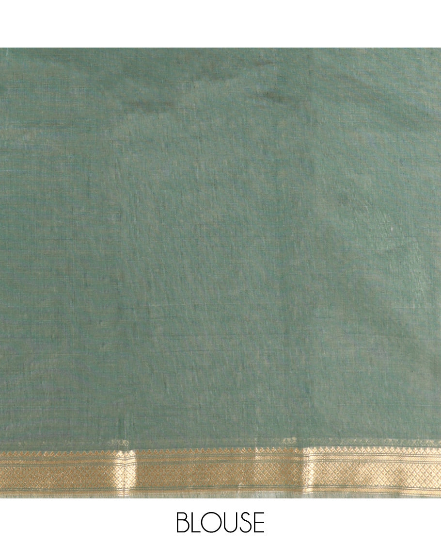 Green Silk Cotton Saree, Embellished with Geometric Buttas All Over Its Body, Highlighted by Traditional Zari Designs Woven Border, Grand Jaal Pallu and Paired with a Matching Blouse