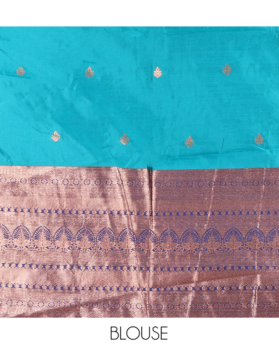 Rama Green Semi-Banarasi Half-Saree Featuring Buttas Skirt, Contrast Traditional Border, Matching Blouse, Satin Georgette Dhavani