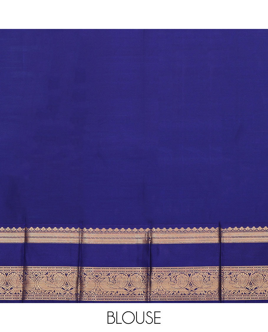 Blue Budget Silk Saree, Graced with Zari Buttas All Over Its Body, Complemented by a Contrast Traditional Zari Design Rettai Pettu Border of Peacock Design, Grand Pallu, and Paired with a Contrast Blouse