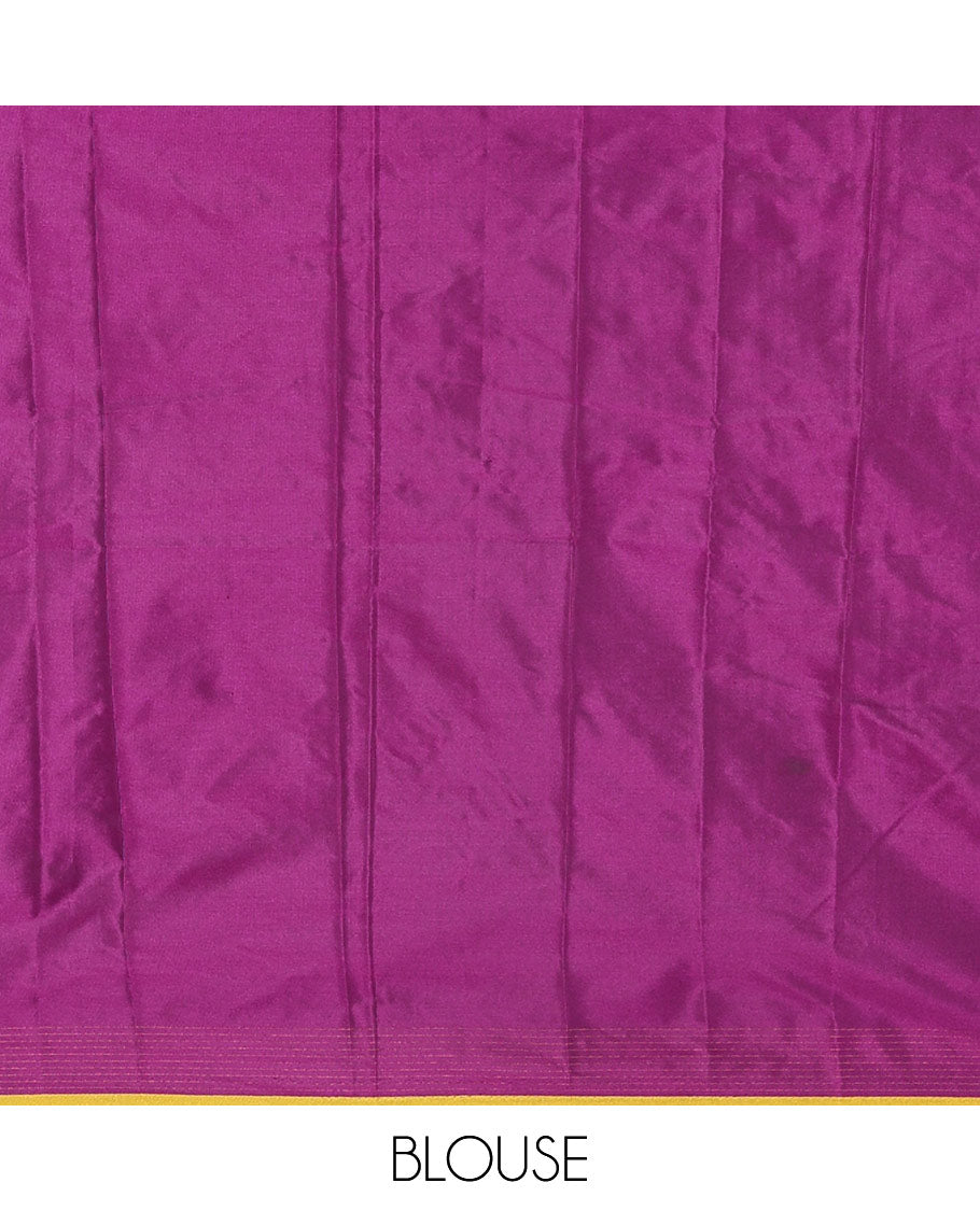 Yellow and pink half-saree, buttas with traditional zari bordered taffeta silk skirt, a plain blouse, and a contrast vichitra silk dhavani