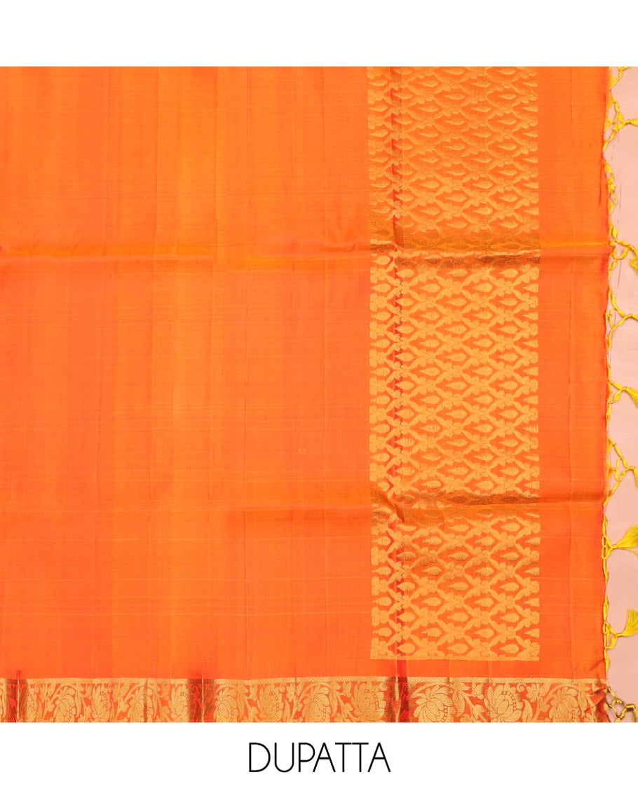 Purple Pure Silk Half-Saree, Mesmerized with Zari Buttas on Its Skirt, Complemented by a Contrast Border Featuring Traditional Zari Designs, Comes with a Contrast Blouse and a Dhavani of Mayil-Chakram Enclosed Checks
