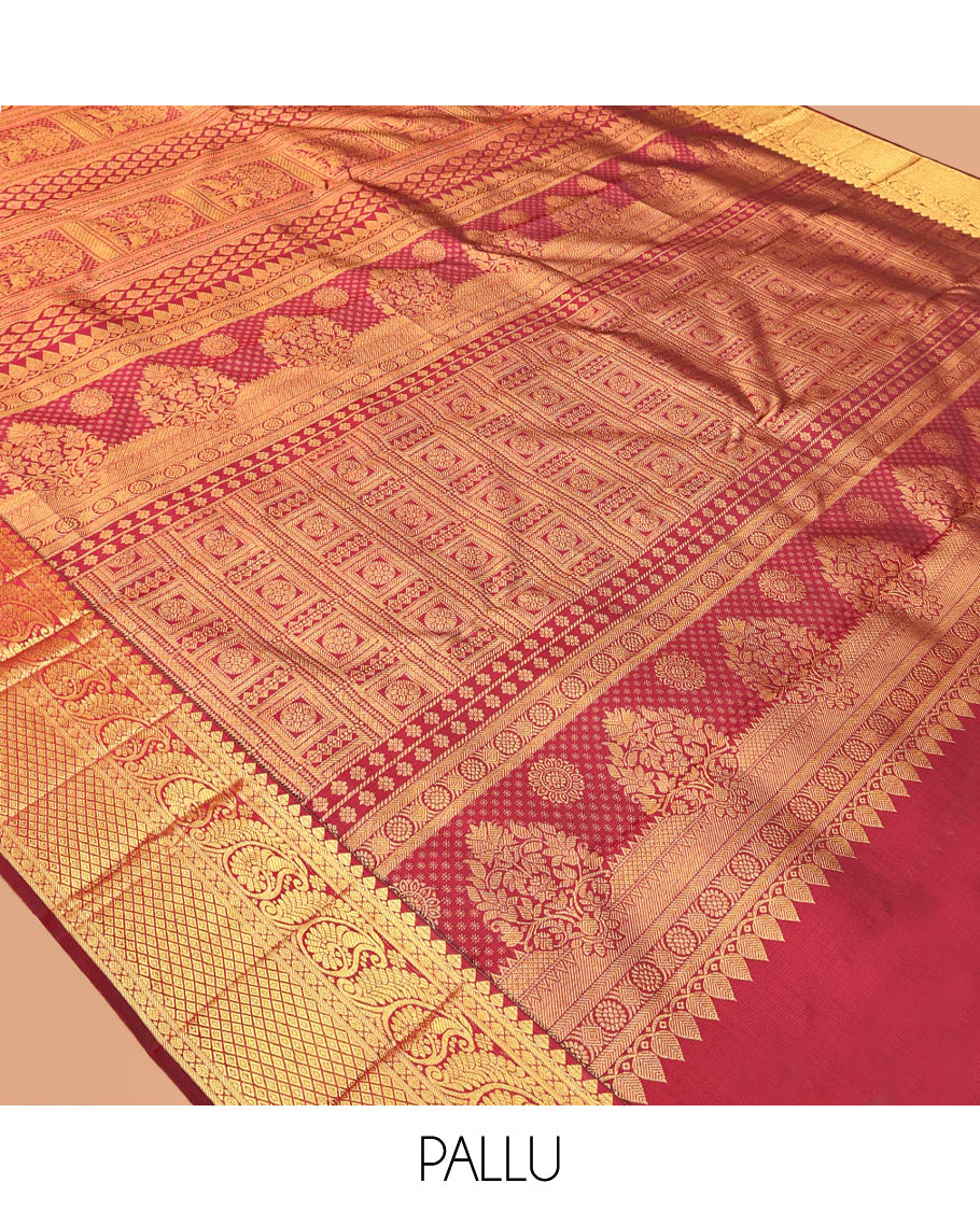 Maroon Kanchipuram Wedding Silk Saree, Embellished with Jacquard Design, Zari Border of Thilakam Mokku, Manga, and Mayil Kann Designs, Grand Pallu, and a Matching Blouse