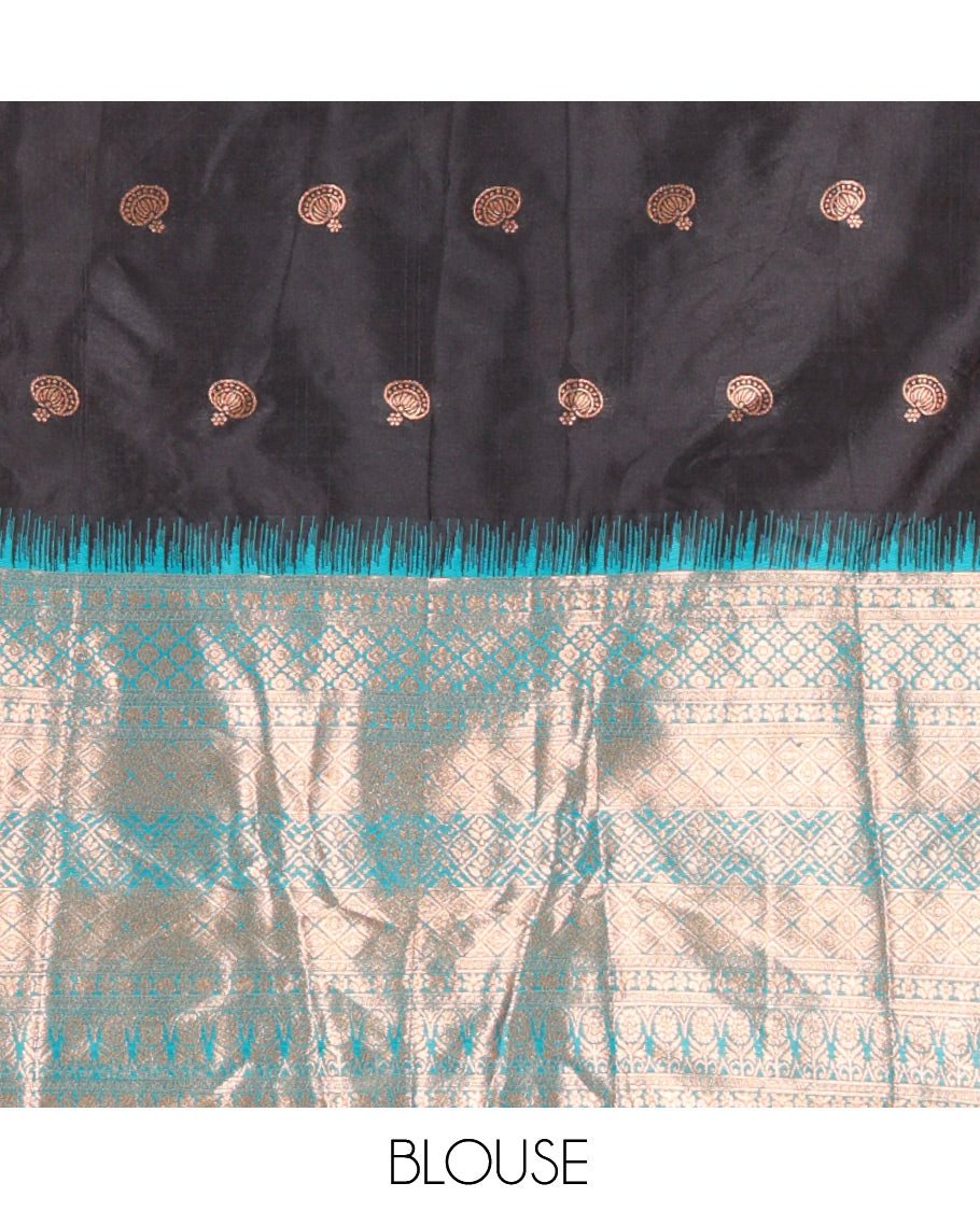 Black-Rama Green Semi-Silk Half-Saree Features Zari Buttas Skirt, Contrast Traditional Zari Border, a Matching Blouse, a Contrast Blouse