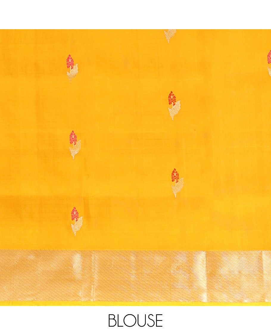 Orange floral motifs mayuri soft silk saree with contrast zari border & striped, floral design pallu