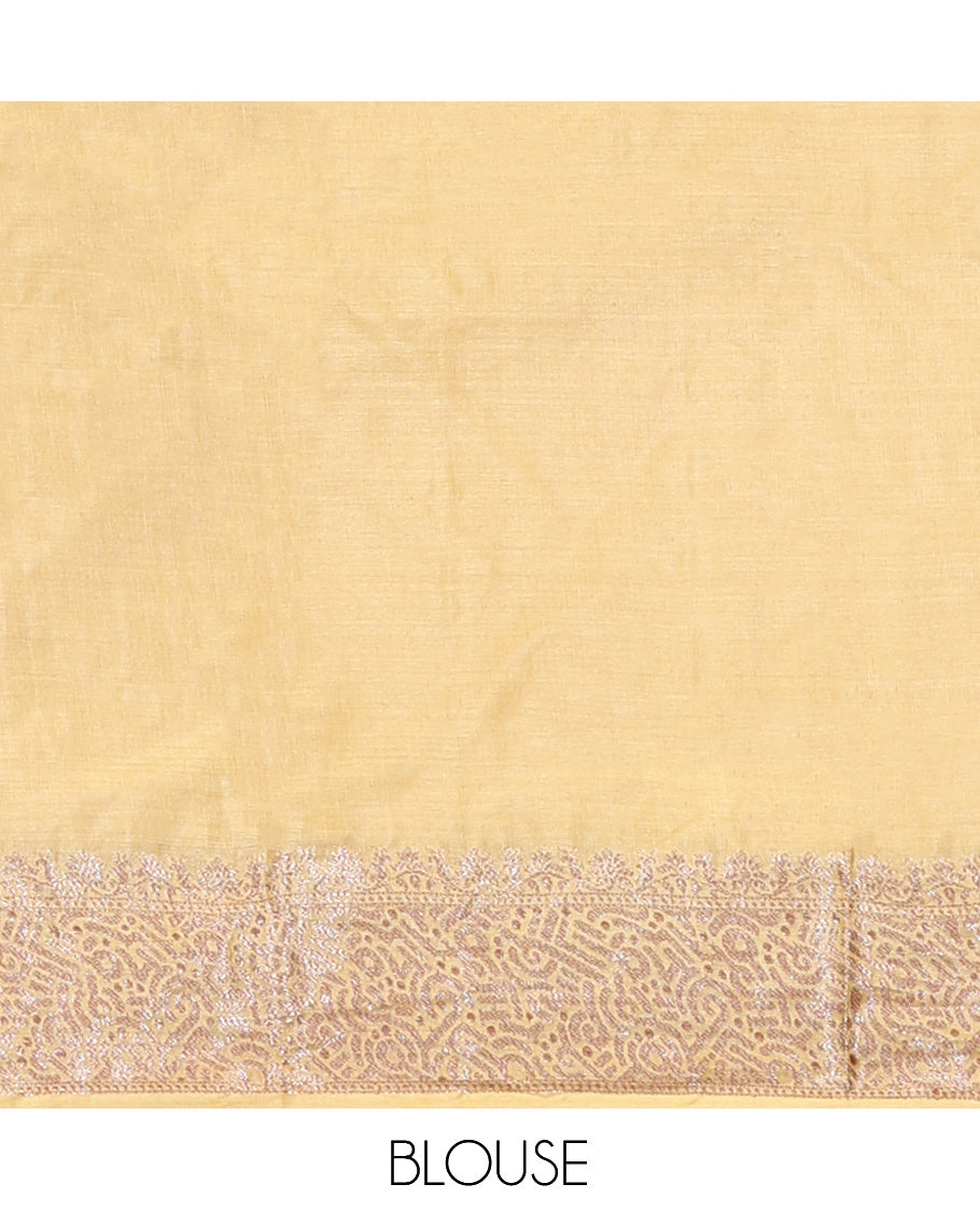 Orange Tussar Silk Saree, Elevated with Zari Buttas, a Contrast Zari Border, Grand Pallu, and a Contrast Blouse