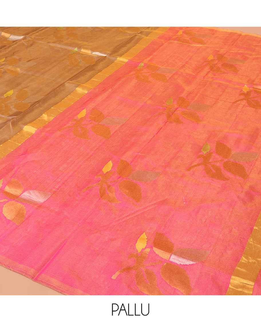 Borderless Brown Uppada Silk Saree Artfully Detailed with Leaf Zari Buttas, Complemented by Contrast Pallu Steeped with Leaf Zari Designs, and Paired with a Contrast Blouse