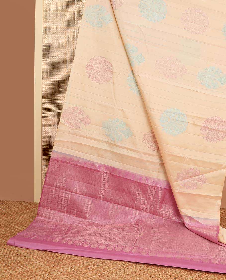 Sandal striped, floral design kancheepuram silk sareee with geometric design pallu