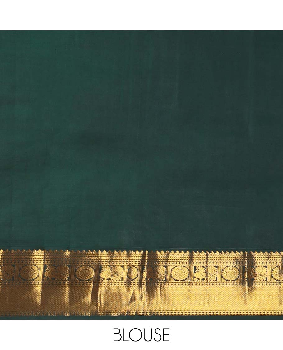 Red buttas silk saree with contrast border of manga, banaras, mayil , mayil kann, poo chakram design & zari design pallu