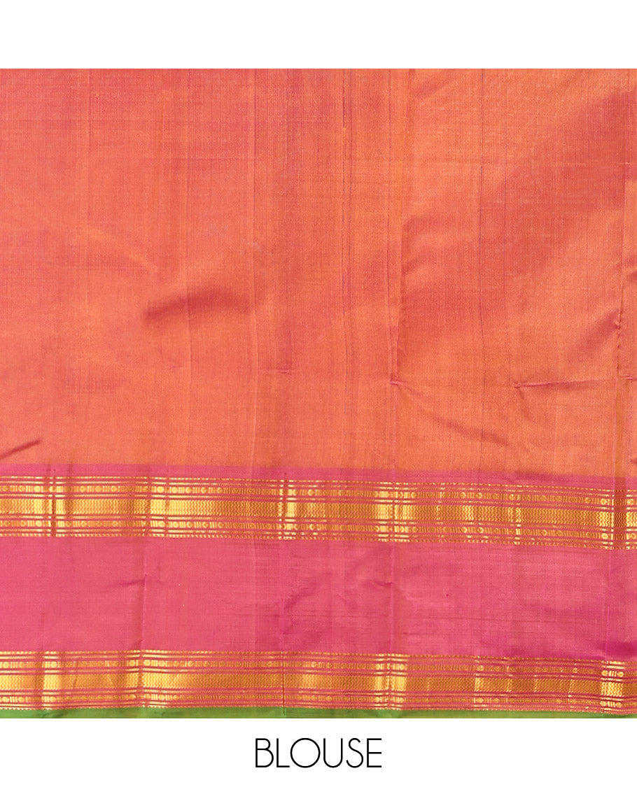 Orange Plain Kanchipuram Silk Saree, Complemented by Contrast Rettai Pettu Border of Rekku, Rudraksham, and Vanki Designs, Pallu of Traditional Zari Designs, and Paired with a Contrast Blouse