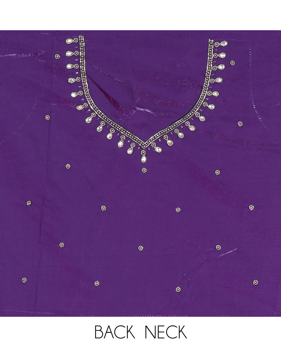 Dark Purple Fendi Organza Half-Saree, Plain Skirt, Matching Embroidered Blouse, Matching Scallop Dhavani