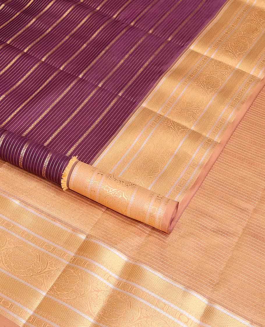Purple striped vasundhara elite silk saree with contrast zari design border & intricate zari design pallu