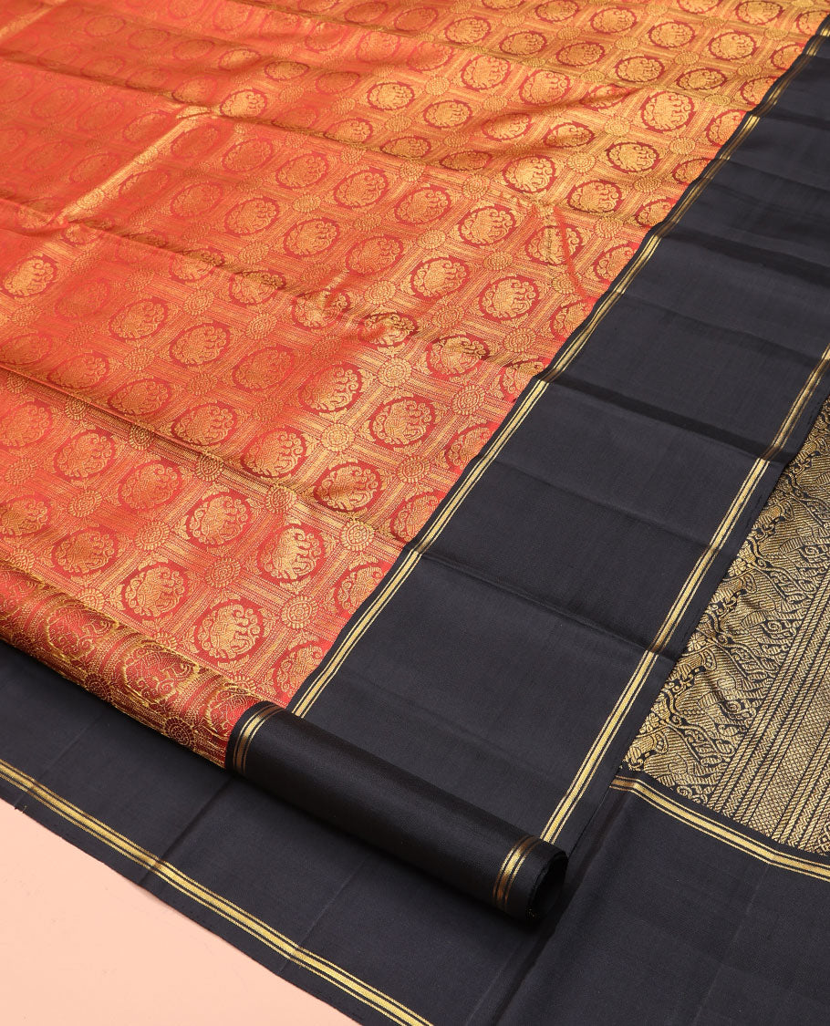Red Kanchipuram Designer Silk Saree, Gracefully Embellished with Elephant Enclosed Checks On Its Body, Complemented by Contrast Rettai Pettu Zari Striped Border, Grand Jaal Pallu and Paired with a Contrast Blouse
