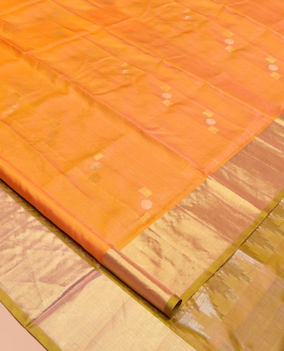 Orange Venkatagiri Silk Saree, Showcasing Zari Buttas All Over Its Body, Complemented by a Contrast Zari Border, Pallu of Zari Designs, and Paired with a Contrast Blouse