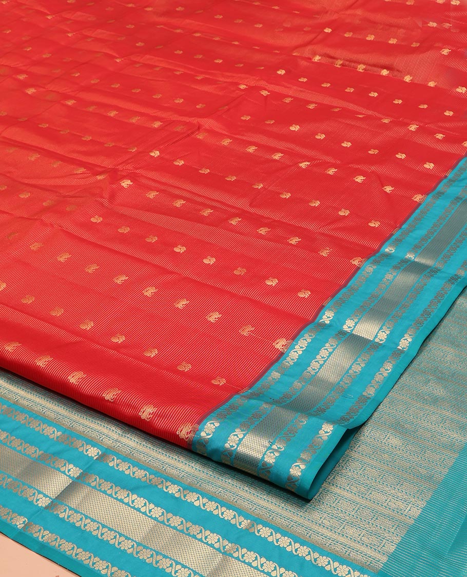 Red Vasundhara Lite Silk Mix Saree, Enthralled with Yaali-Mayil Buttas and Stripes on Its Body, Complemented by a Contrast Border of Kodi Visiry and Mayil Kann Designs, Grand Pallu, and Paired with a Contrast Blouse