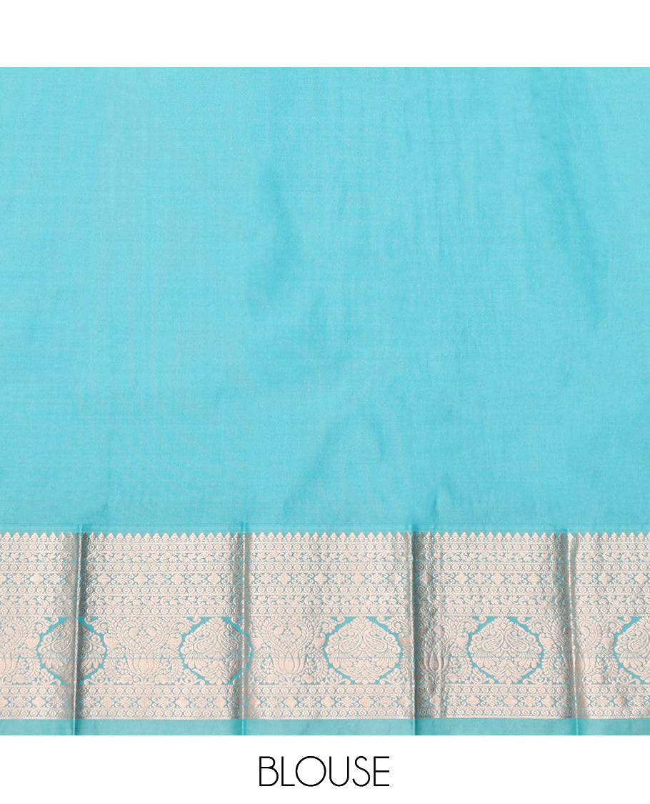 Rust Budget Silk Saree, Bedecked with Zari Buttas, Complemented by a Contrast Traditional Zari Border, Grand Pallu, and a Contrast Blouse