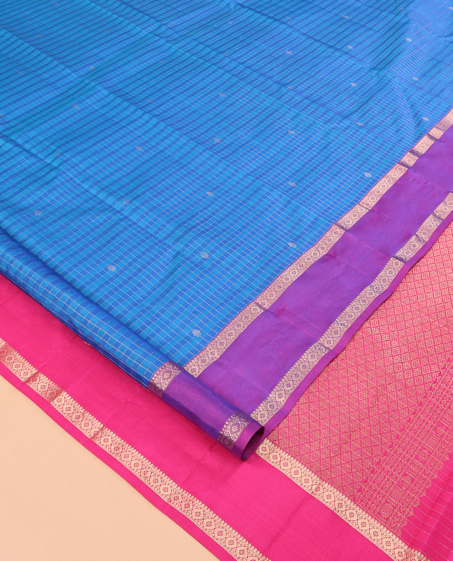 Blue Vasundhara Silk Saree, Featuring Zari Buttas and Checks, a Contrast Rettai Pettu Zari Border, Jaal Pallu, and Contrast Blouse