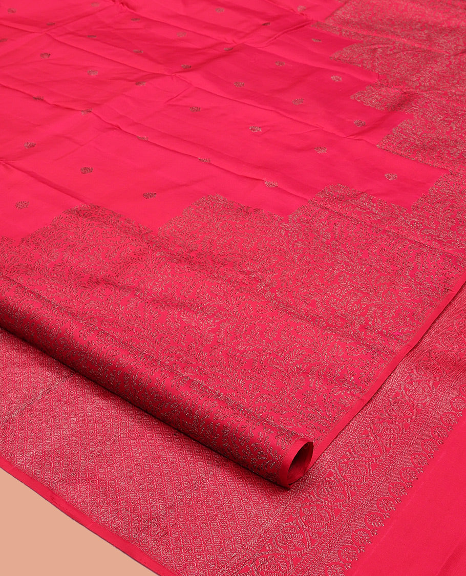Borderless Red Kanchipuram Designer Silk Saree, Sparsely Sparkled with Zari Buttas and Jacquard Design, Jaal Pallu, and a Matching Blouse