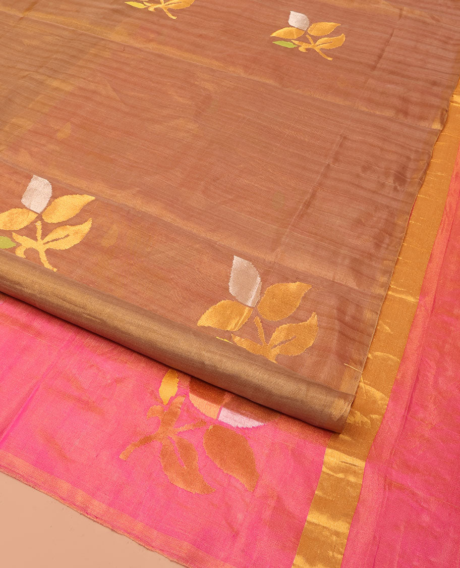 Borderless Brown Uppada Silk Saree Artfully Detailed with Leaf Zari Buttas, Complemented by Contrast Pallu Steeped with Leaf Zari Designs, and Paired with a Contrast Blouse