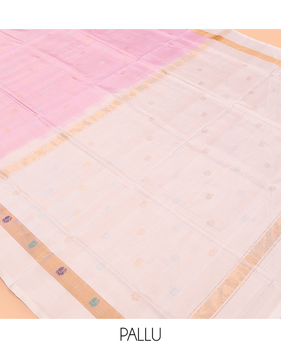 Pink Uppada Silk Saree, Sparsely Woven with Zari Buttas, Complemented By Contrast Butta Woven Border, Pallu of Peacock and Floral Buttas, and a Contrast Blouse