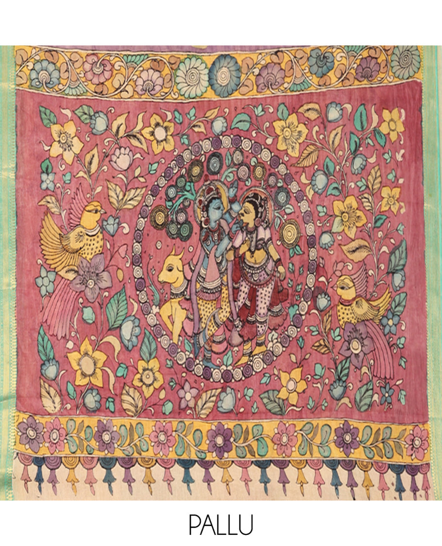 Purple Kalamkari Silk Saree, Finely Crafted with Human Figurines, a Contrast Traditional Zari Border, Pallu of Kalamkari Design, and a Contrast Blouse