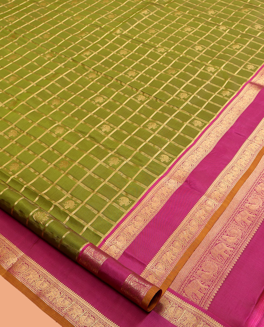 Green Vasundhara Lite Silk Mix Saree, Woven with Butta Enclosed Checks, Contrast Rettai Pettu Border of Thilakam Mokku, Neli, Mayil, and Yaanai Designs, Grand Pallu, and a Contrast Blouse