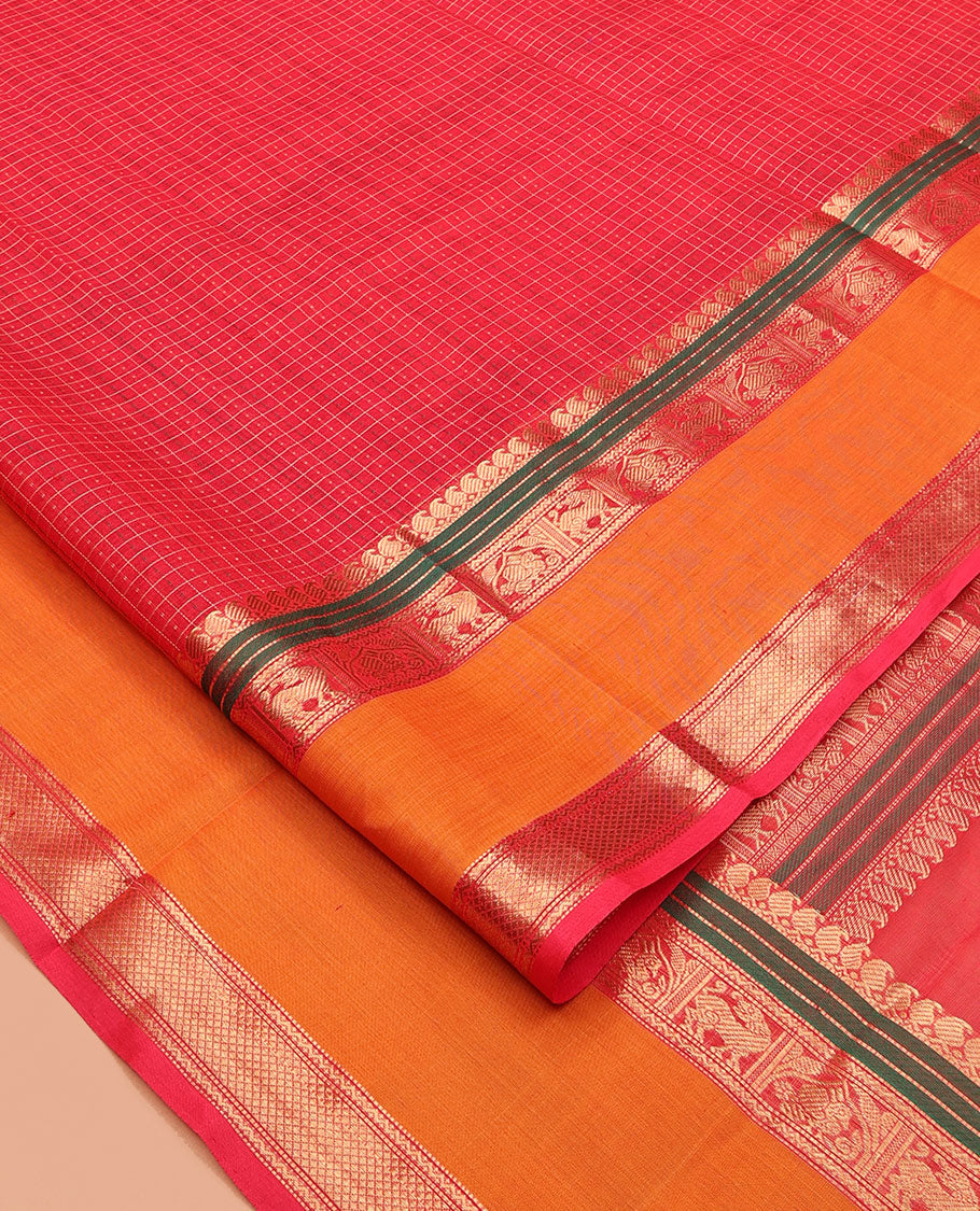 Red Buttas-Checked Kuppadam Silk Saree, a Contrast Double-Pet Peacock-Yazhi Border, Grand Pallu, Matching Blouse