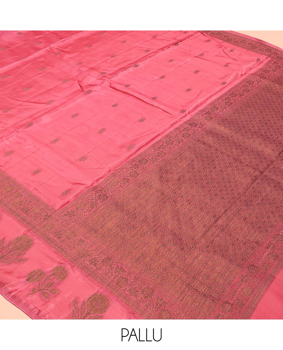 Onion Pink HO-Silk Saree, Elevated with Zari Buttas All Over Its Body, Highlighted by a Self-Border of Floral Designs, Pallu Features Floral Designs, and Paired with a Buttas-woven Blouse