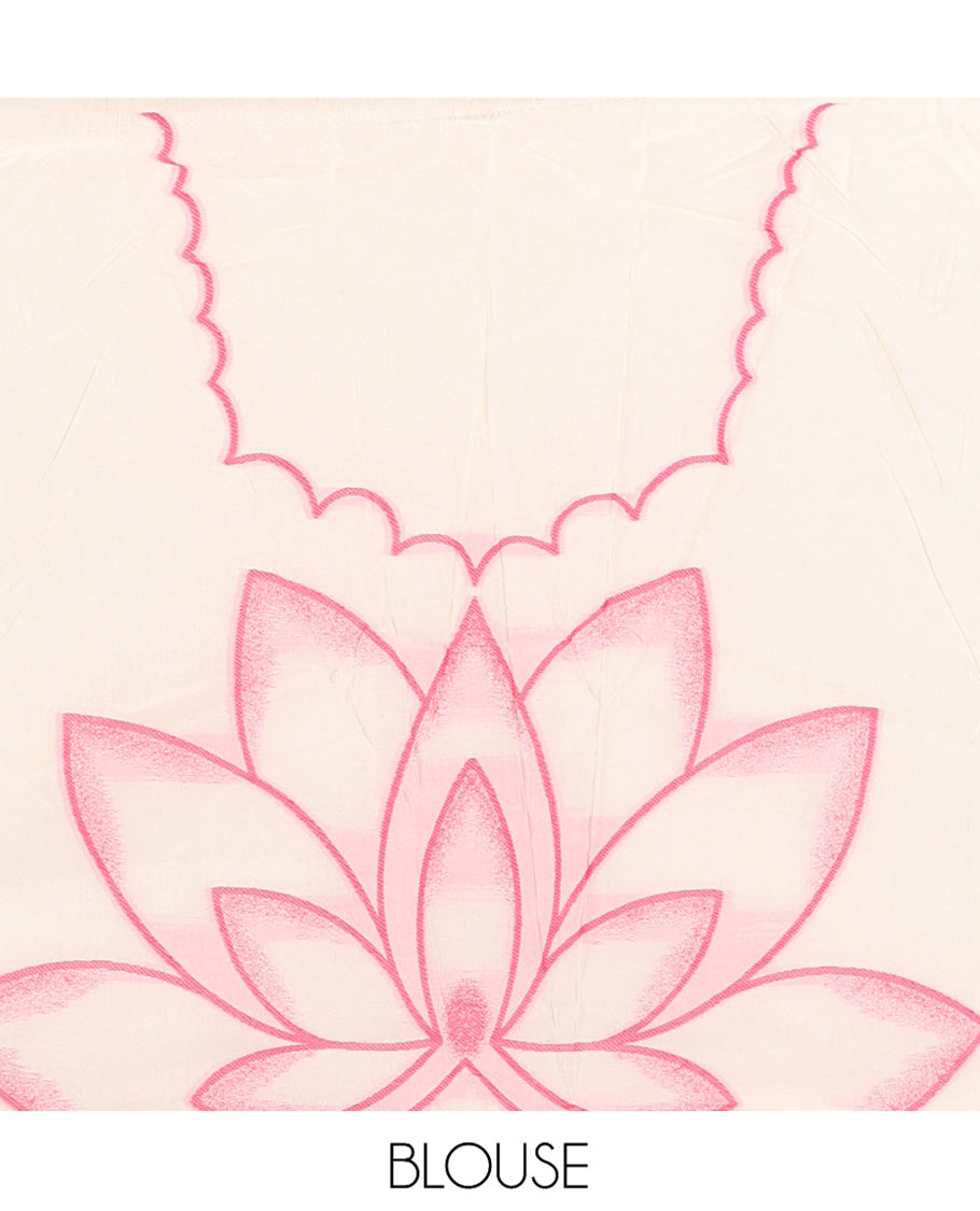 Cream-Pink Semi-Silk Half-Saree Features Flower Buttas Skirt, Contrast Border, Matching Blouse, Contrast Dhavani
