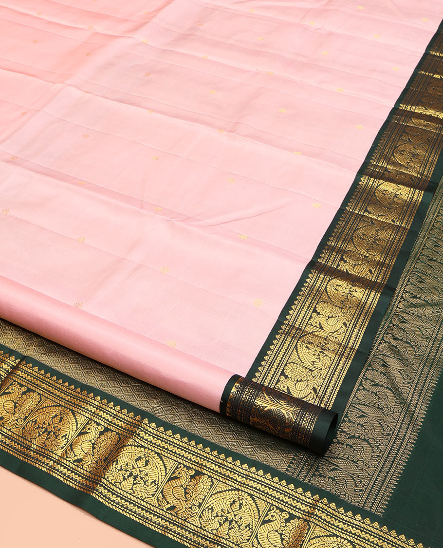 Pink Kanchipuram Silk Saree, Subtly Sparkled with Buttas on Its Body, Complemented by a Contrast Border of Thilakam, Banaras, Muthu, Neli, and Mayil Designs, Grandly Jaal Woven Pallu, and Paired with a Contrast Blouse