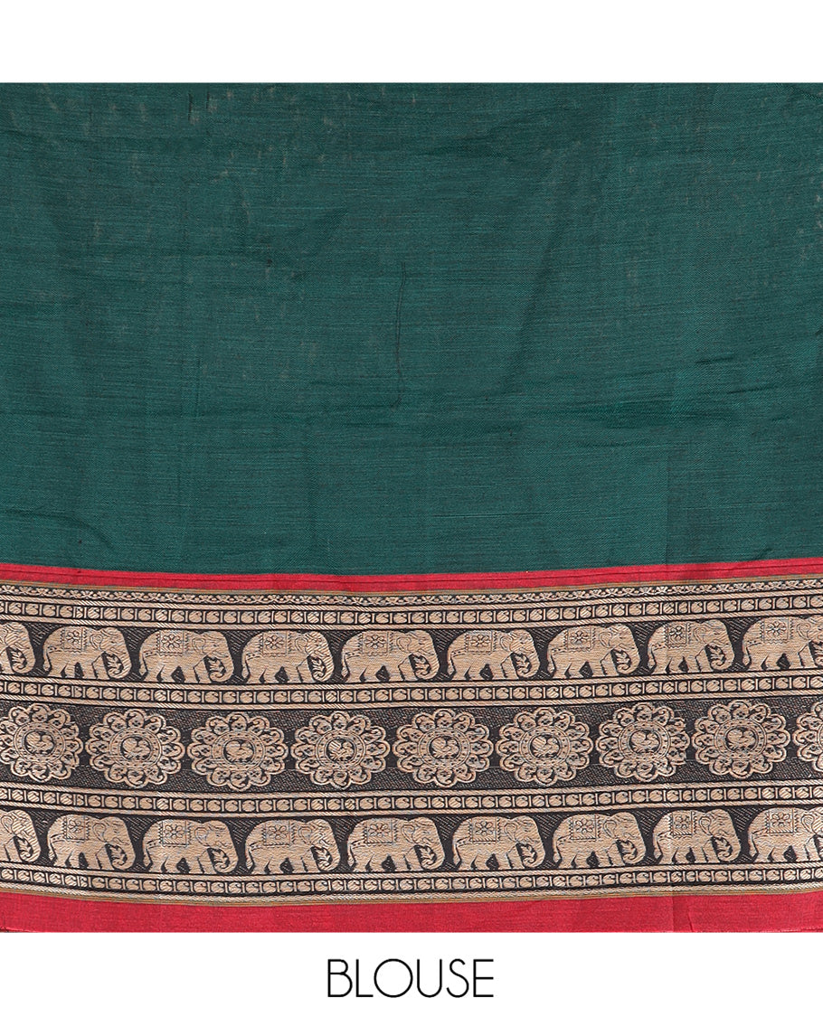 Green Mercerised Cotton Half-Saree, Plain Skirt, an Elephant Motif Border, a Matching Blouse, Contrast Dhavani