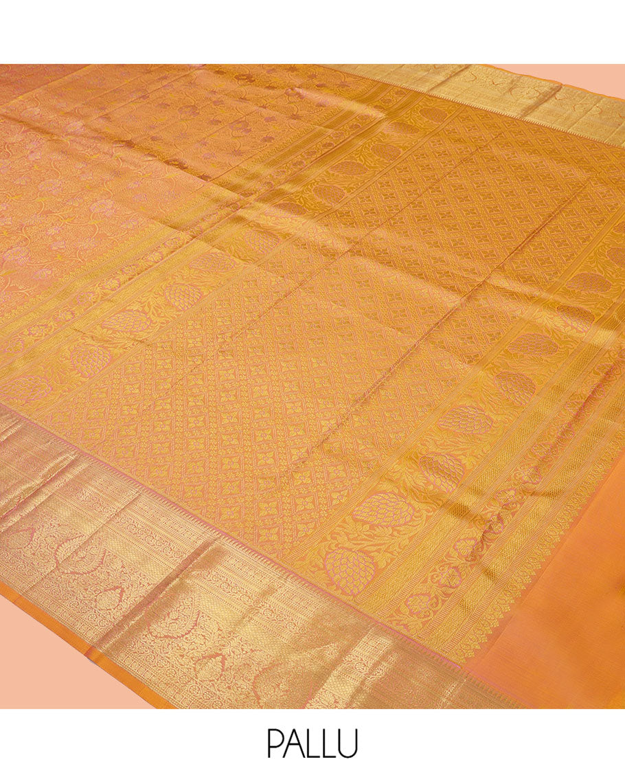 Yellow Kanchipuram Wedding Silk Saree, Detailed with Jacquard Design, a Self-Border of Rekku, Muthu, Poun, Kathir, Kodi Visiry, and Mayil Kann, Grand Pallu, and a Matching Blouse