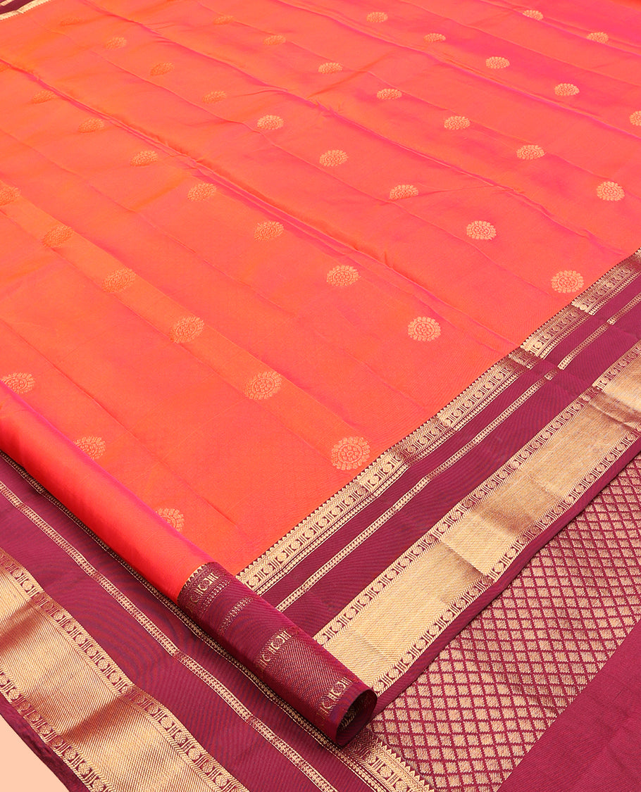 Orange Vasundhara Lite Silk Mix Saree, Delicately Woven with Chakram Buttas, a Contrast Border of Rekku, Banaras, Poun, and Manga Designs, Jaal Pallu, and a Contrast Blouse