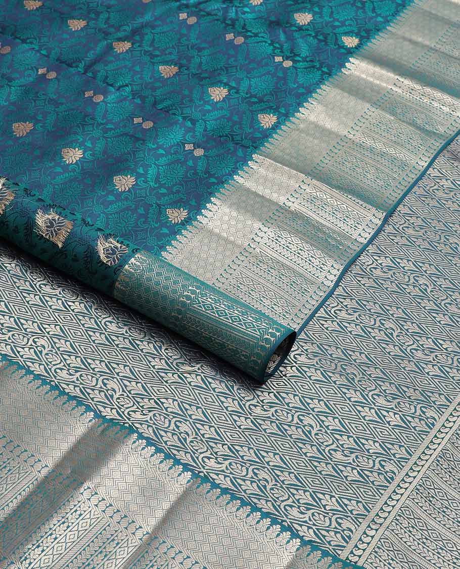 Blue floral jacquard kancheepuram silk saree with self floral design border & jaal design pallu
