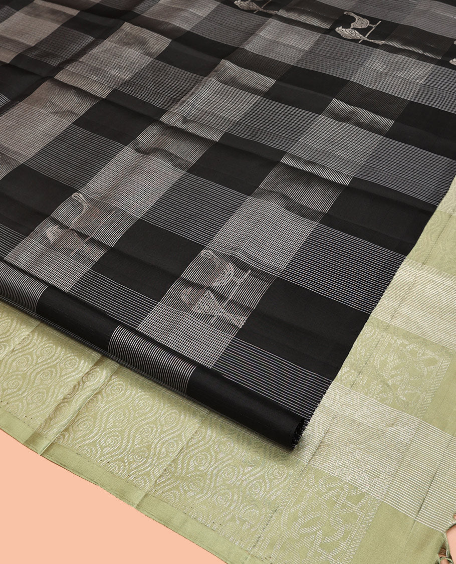 Borderless Black Mayuri Soft Silk Saree, Steeped in the Richness of Zari Checks all Over Its Body, Complemented by Contrast Intricately Designed Pallu and Paired with a Contrast Blouse
