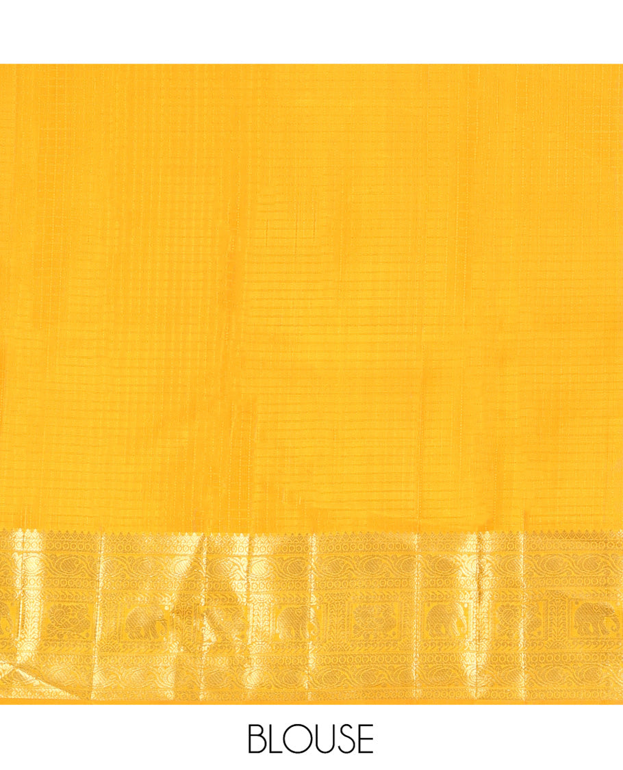 Yellow Kanchipuram Silk Saree, Sparsely Woven with Checked Design All Over Its Body, Highlighted by a Zari Border of Manga, Yaanai, and Mayil Designs, Pallu of Jaal Designs, and Paired with a Matching Blouse