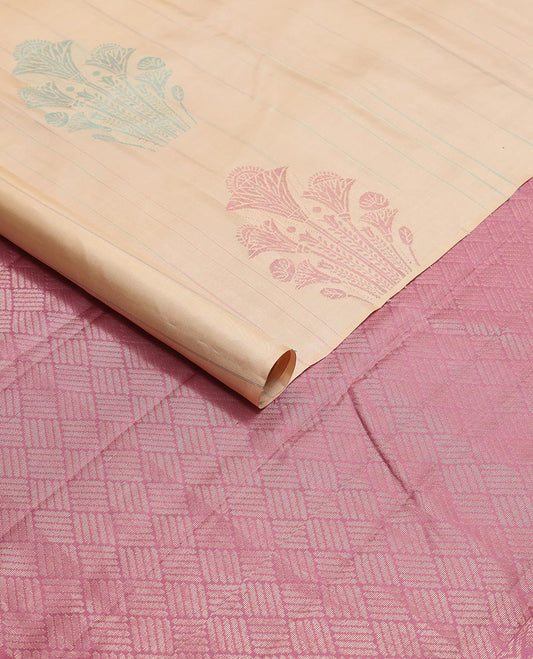 Sandal striped, floral design kancheepuram silk sareee with geometric design pallu