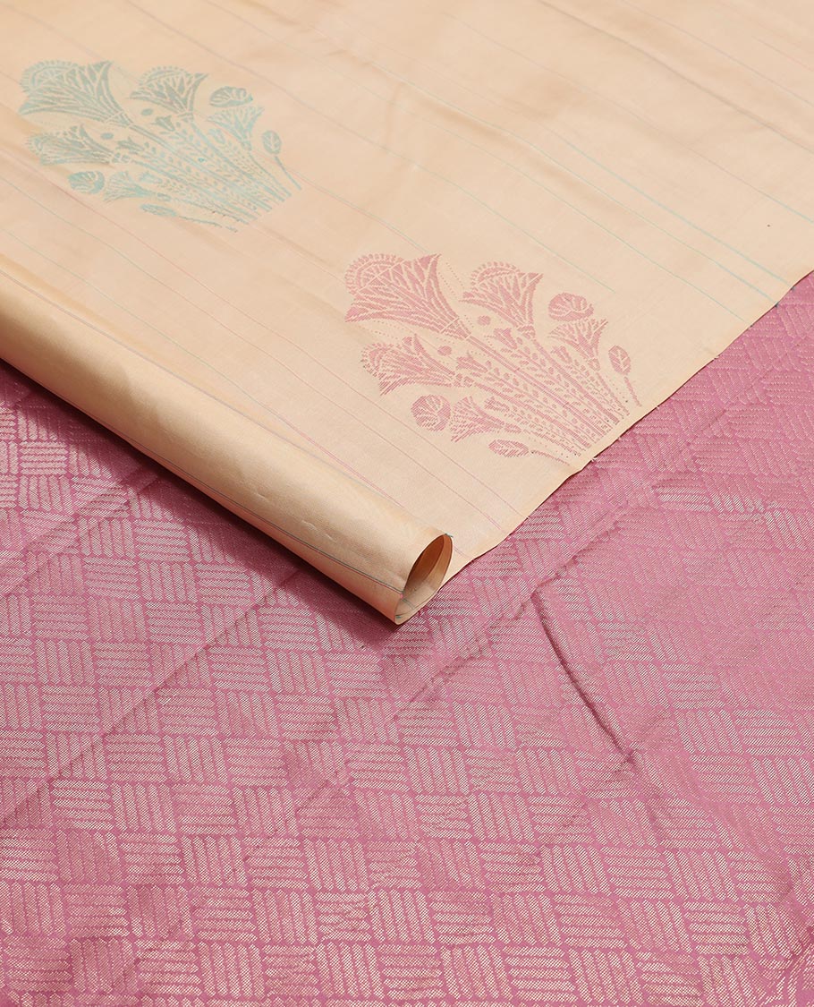 Sandal striped, floral design kancheepuram silk sareee with geometric design pallu