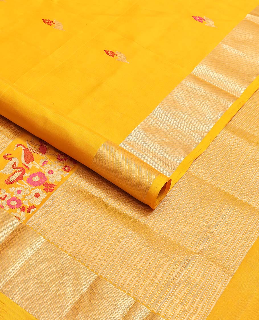 Orange floral motifs mayuri soft silk saree with contrast zari border & striped, floral design pallu