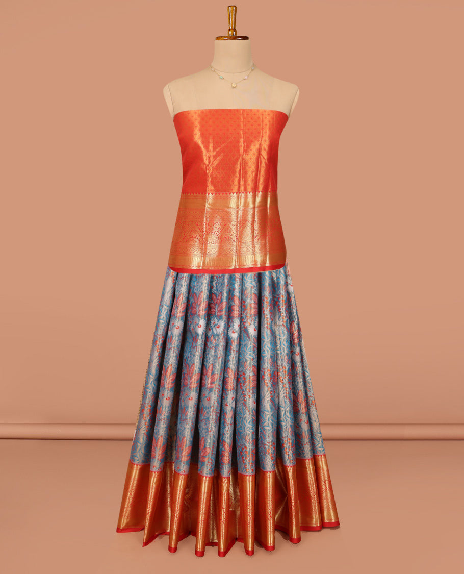 Blue Art Silk Material Half Saree Set, Opulently Embellished with Tropical-Floral Jacquard Design Skirt, a Contrast Traditional Zari Design Border, Contrast Zari-Jacquard Blouse, and a Dhavani of Floral Designs
